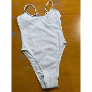NEW Womens S White Ribbed One Piece High‎ Cut Swimsuit Minimalist Cheeky Classic